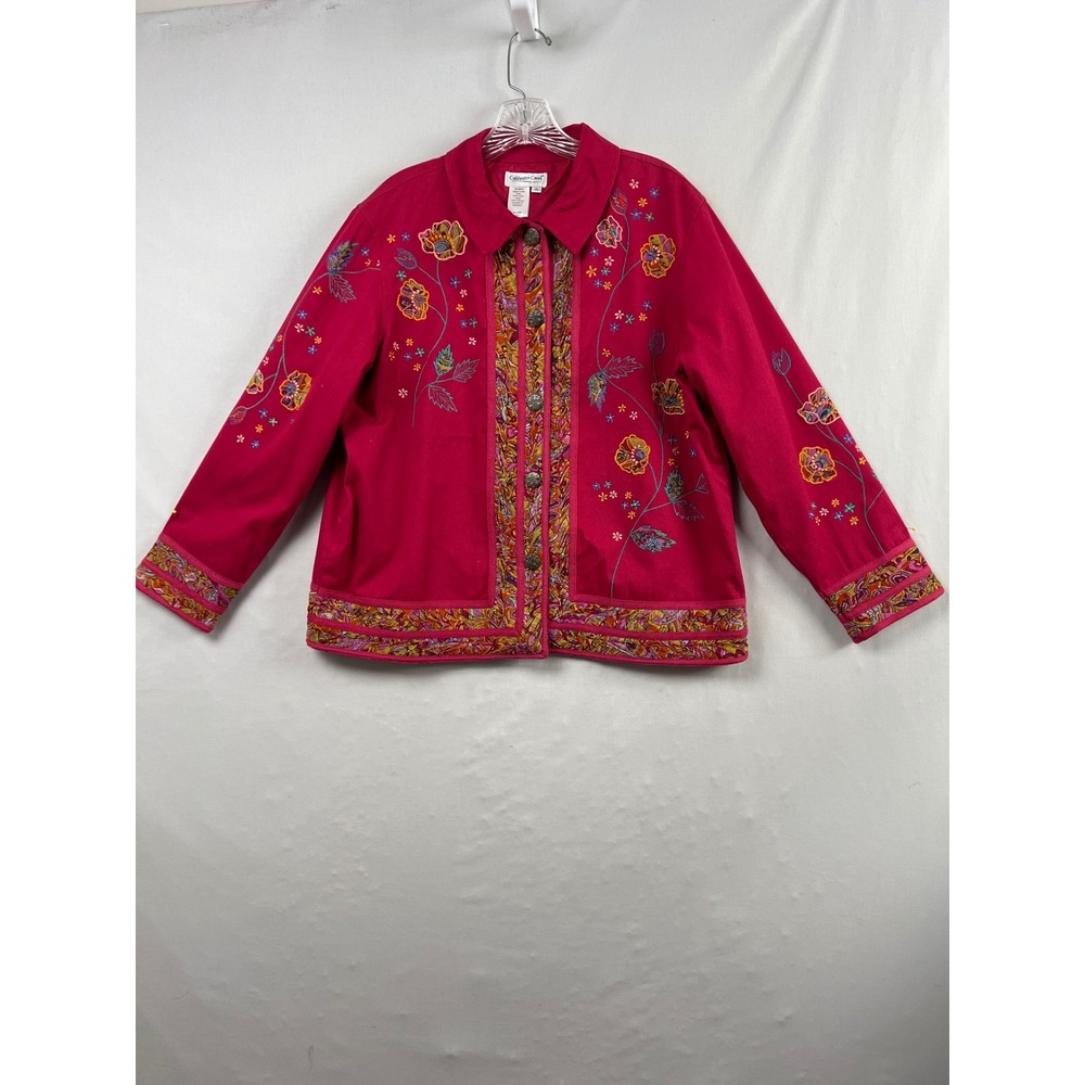 Coldwater Creek Embroidered Floral Jacket Womens PL Pink Art to Wear Boho Twill